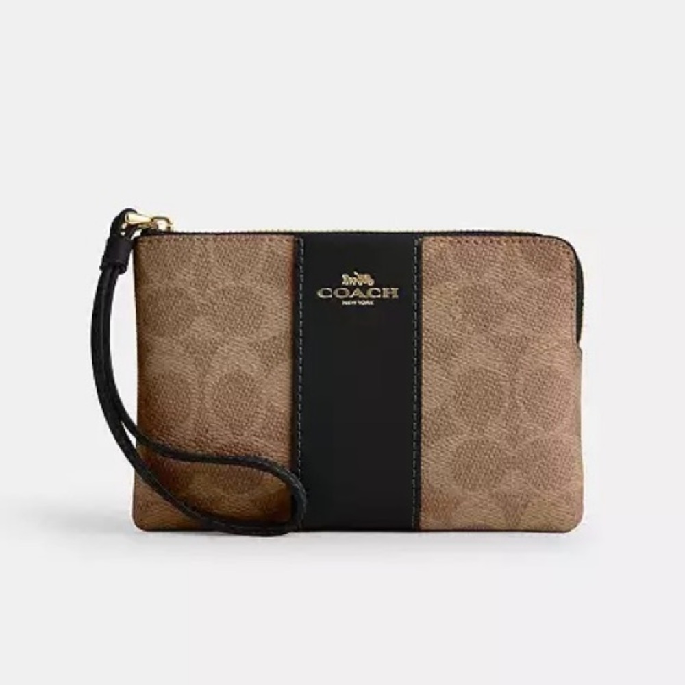 COACH Corner Zip Wristlet In Signature Canvas With Black Stripe NEW